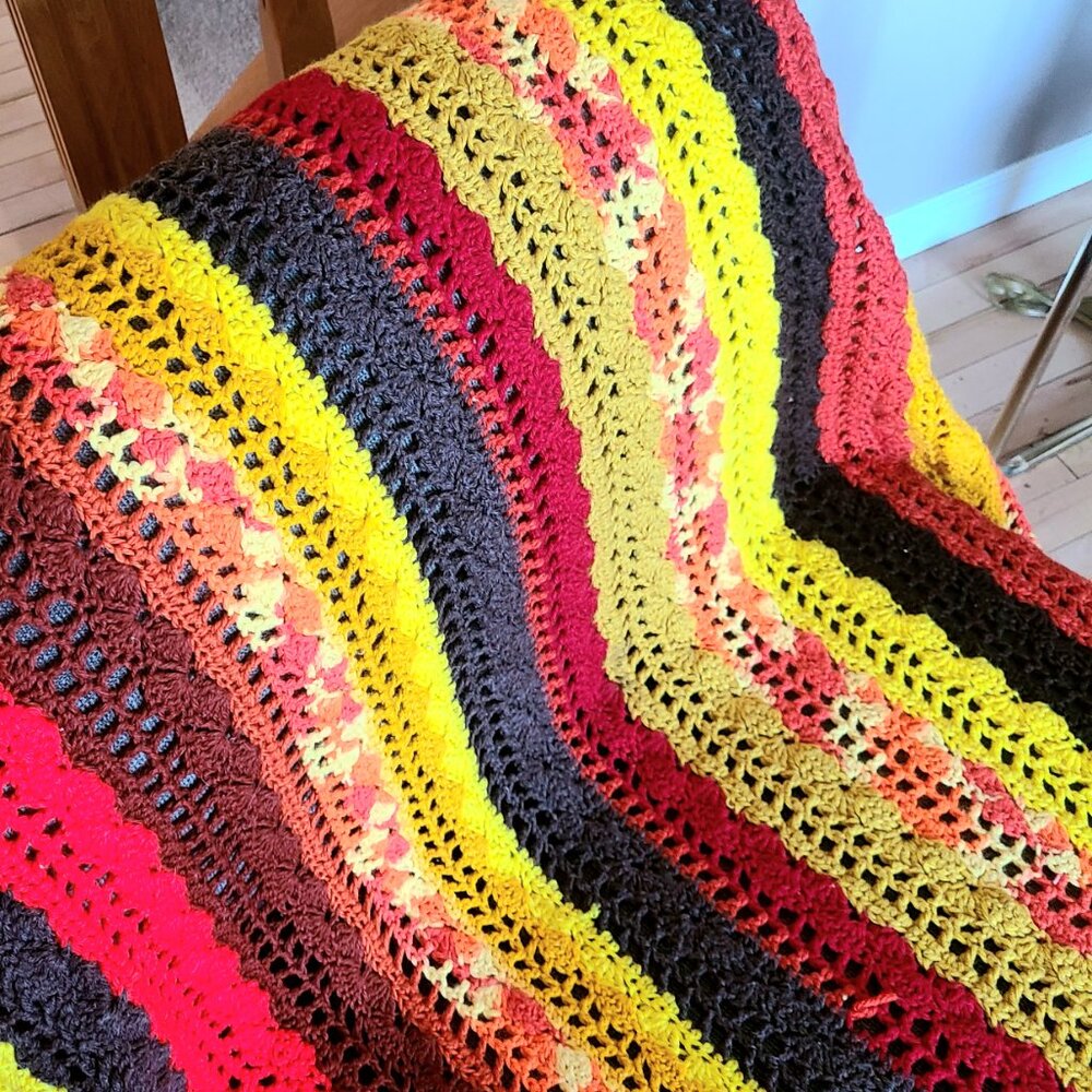 Bright colors handmade bohemian crochet throw blanket Afghan. - Picture 2 of 7